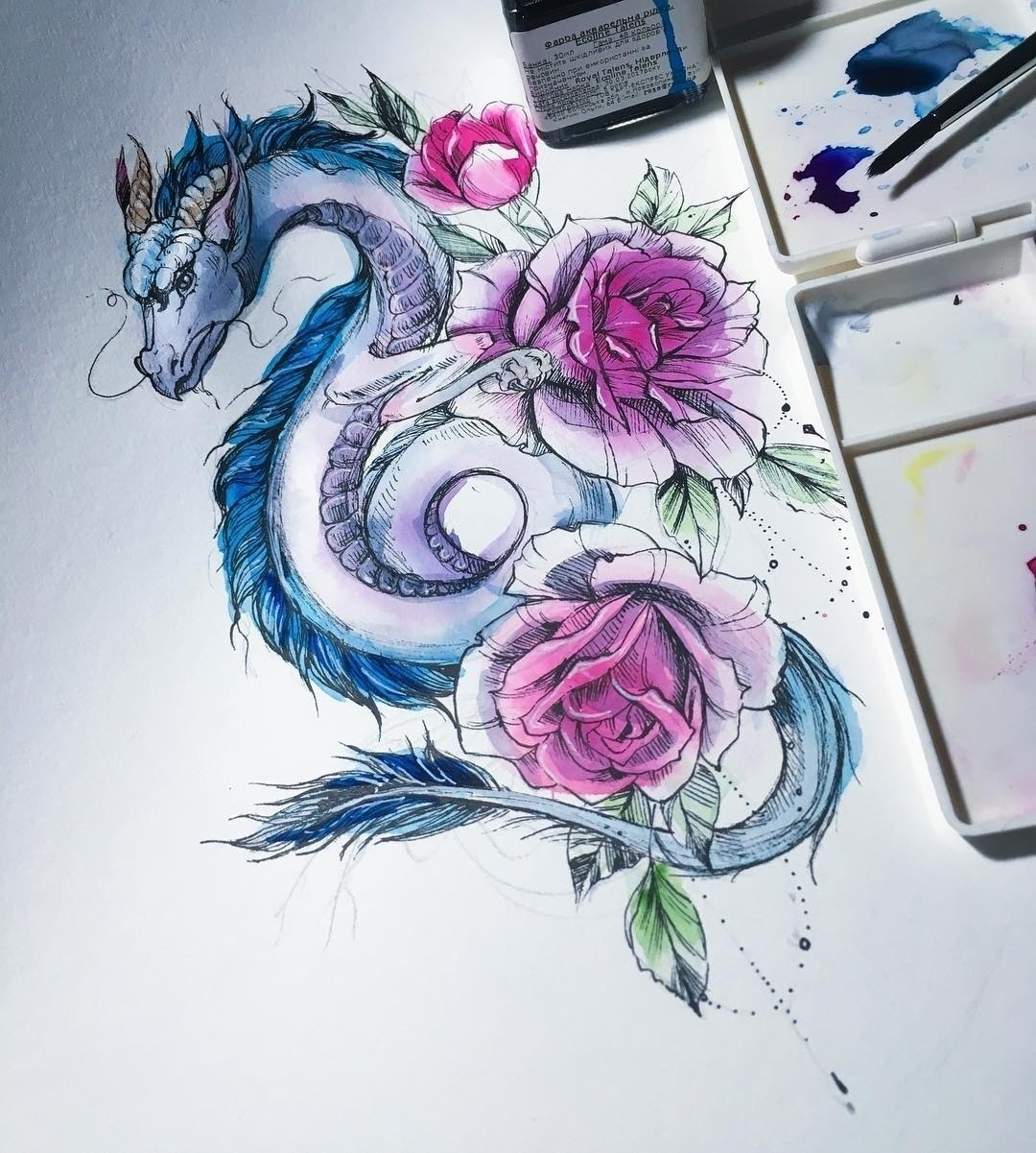 Эскизы тату дракона в цвете