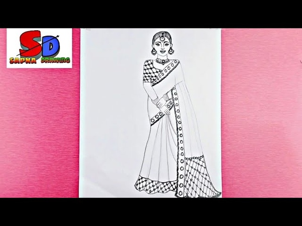 how to draw a girl wearing traditional saree drawing, pencil sketch for beginner, easy