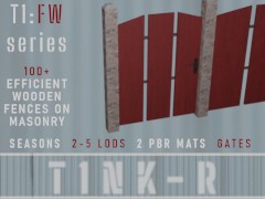T1:FW:RCK+PL+RD+GE: Red planks on rock support (wooden fence) with gate at the end